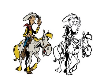 Lucky Luke and Jolly Jumper cowboy on horse layered SVG and line drawing digital file download