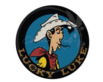 Lucky Luke cartoon cowboy in circle layered SVG and line drawing digital file download