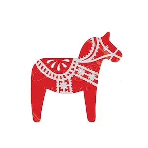 May include: A red wooden Dala horse with white painted details. The horse is a traditional Swedish folk art design.