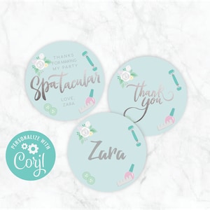 Elegant Spa Party custom favor tag or decal/sticker in Silver and Blue customizable download