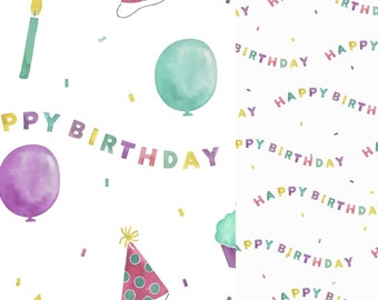 2 Watercolor Happy Birthday seamless patterns PNG digital file download