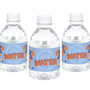 May include: Three clear plastic water bottles with blue and orange labels that say "WATER" on them. The labels have a swirling water design.