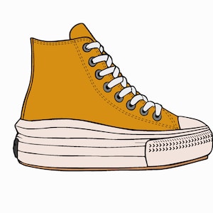 May include: A pair of high-top sneakers with a thick white platform sole and yellow canvas upper. The laces are white and the shoe has a black stitching detail.