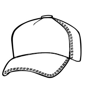 Puede incluir: Un dibujo en blanco y negro de una gorra de béisbol con una visera curva y un detalle cosido alrededor del borde.