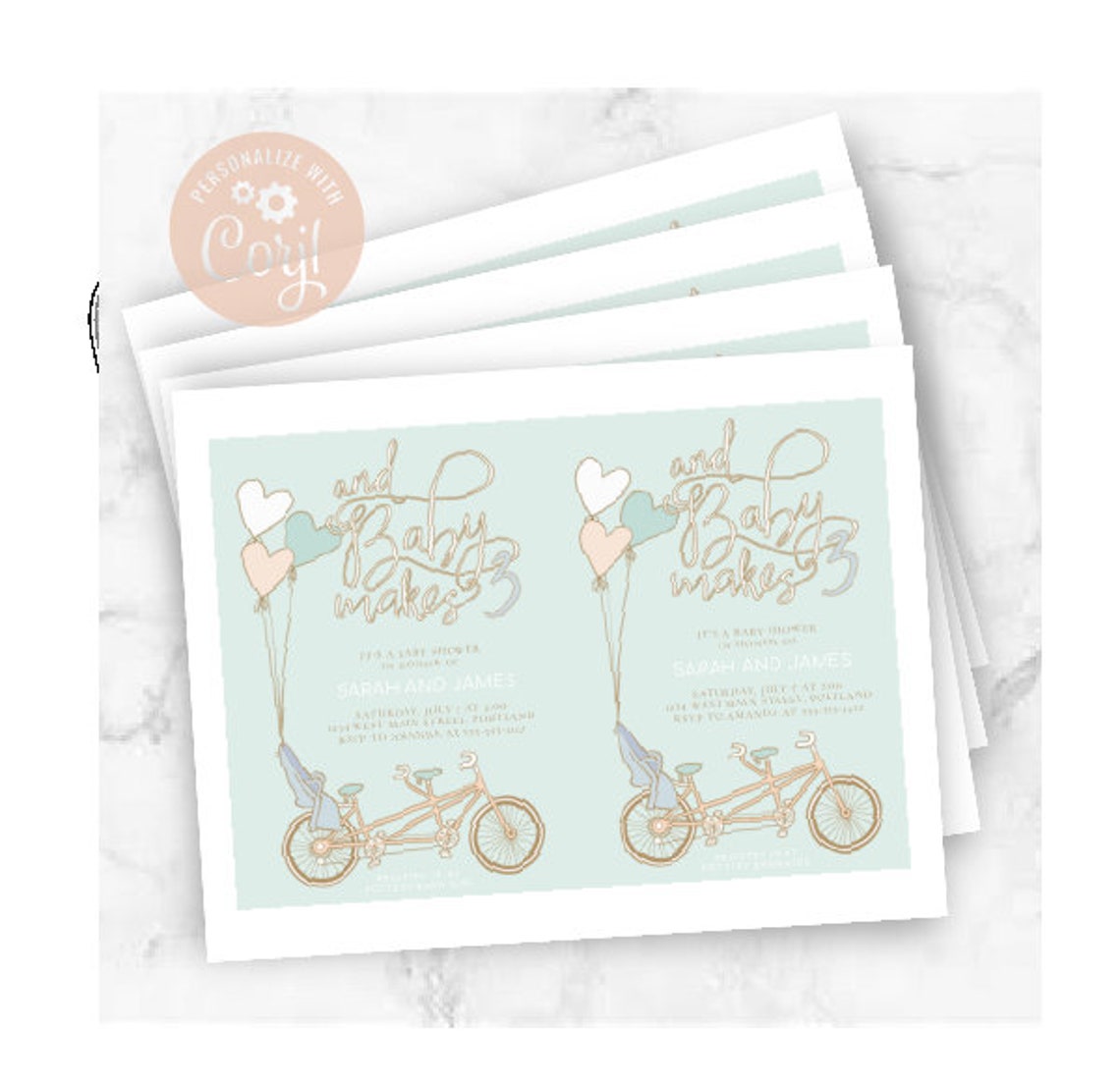 And Baby Makes Three Tandem Bicycle With Baby Seat Shower Invitation
