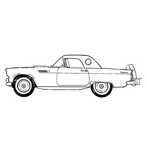 以下が含まれることがあります： 1955年型フォード・サンダーバード・コンバーチブルの白黒線画。車は、運転席側が鑑賞者に向けて、横向きに描かれている。車は、長いボンネットと短いトランクを持つ丸みを帯びたボディスタイルをしている。車は、左右に丸いテールライトが1つずつあり、クロームバンパーが付いている。