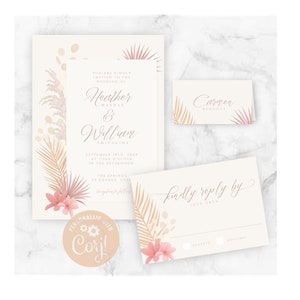 Faire-part de mariage Fleurs séchées, cartes-réponses et marque-places à télécharger personnalisables