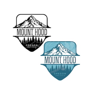 May include: Black and white and blue graphic design of Mount Hood, Oregon. The graphic features a mountain with trees and the text "Mount Hood, Oregon, Elev 3426m".