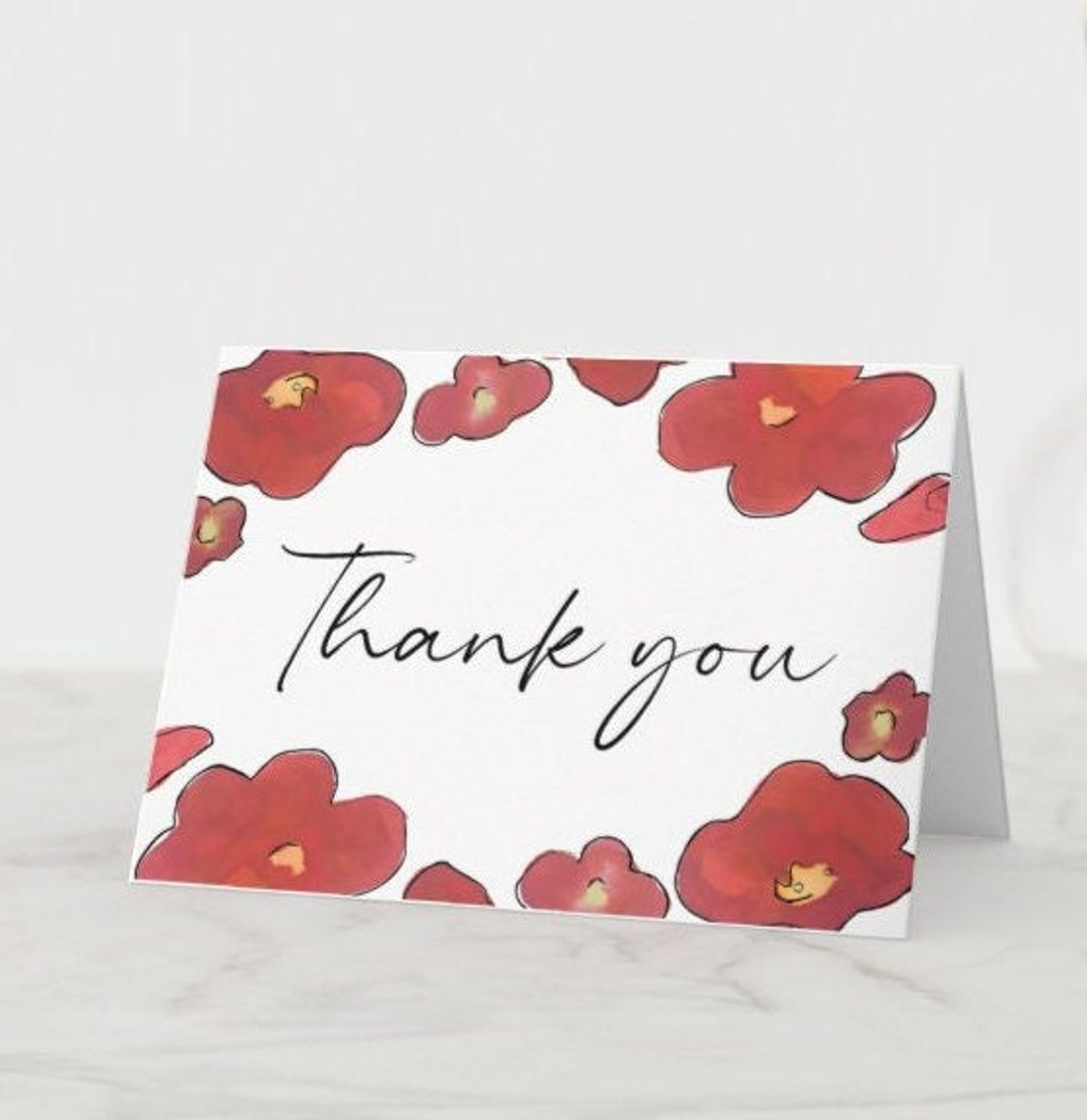 Watercolor Poppies Floral Thank You Notecard Custom Download - Etsy