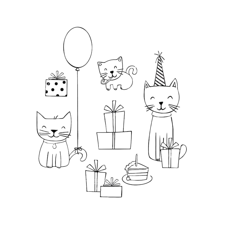Cute Birthday Party Cats With Balloon, Cake, Presents SVG PNG Digital