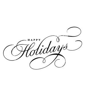 Può includere: Su sfondo bianco, una scritta nera in elegante corsivo: "HAPPY Holidays". La parola "Holidays" è scritta in corsivo con volute decorative. La parola "HAPPY" è scritta in un carattere più piccolo e semplice.