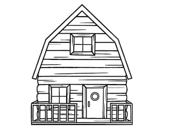 Pode incluir: Um desenho a preto e branco de uma cabana de madeira com uma porta, duas janelas e uma varanda com uma grade. A cabana tem um telhado de duas águas e uma chaminé.