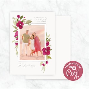 Elegant watercolor floral photo Christmas/holiday card customizable download
