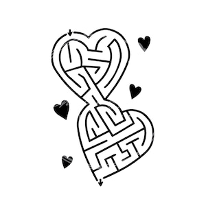 May include: Black and white line drawing of a heart-shaped maze with smaller hearts scattered around it.
