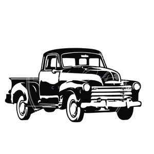 May include: Black and white silhouette of a vintage pickup truck. The truck has a long bed and a large grille with horizontal bars. The truck is facing forward and the wheels are visible.