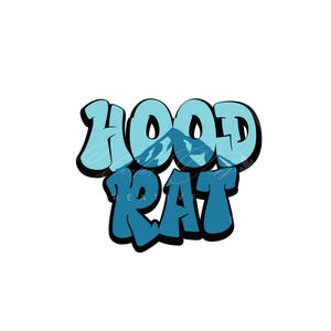 May include: A blue and black graphic design with the text "HOOD RAT" in a stylised font. The "O" in "HOOD" is replaced with a mountain range.