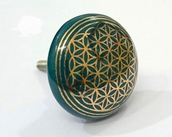Green Ceramic Cabinet Knobs Geometric Pattern ~ Qty 10