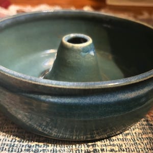 Handmade Blue Glazed Pottery Bundt Pan ~ Vintage Kitchen Decor