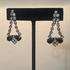 Black And White Rhinestone Dangle Earrings Screw Back ~ Vintage