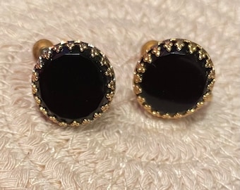 Black Jet Screw Back Earrings ~ Victorian Mourning Jewelry