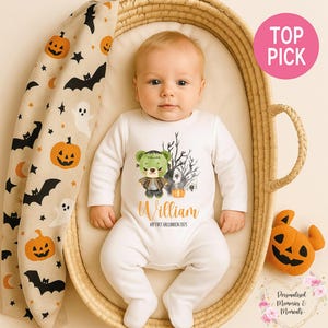 Personalised Baby&#39;s First Halloween&#39;s Outfit Costume: Teddy Keepsake Custom Baby Grow, Vest and Bib