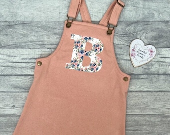 Personalised Initial Dungaree Dress | Birthday Name Initial Dress | Personalised Gift | Girls Summer Winter Dress | Pink Grey Flower Dress