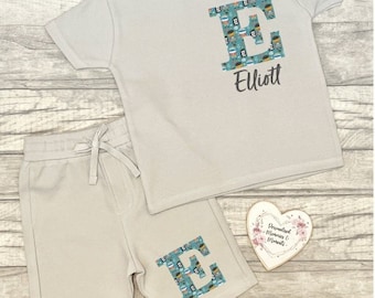 Personalised Colourful Print T-shirt & Shorts Set | Personalised Kids Clothes | Boy Girl Summer Clothes | Name Initial Toddler Child Clothes