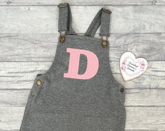 Personalised Initial Dungaree Dress | Birthday Name Initial Dress | Personalised Gift | Girls Summer Winter Dress Bright Colour Print Dress