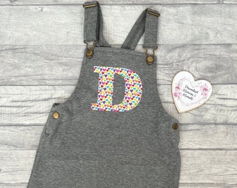 Personalised Initial Dungaree Dress | Birthday Name Initial Dress | Personalised Gift | Girls Summer Winter Dress Bright Colour Print Dress