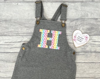 Personalised Initial Dungaree Dress | Birthday Name Initial Dress | Personalised Gift | Girls Summer Winter Dress Bright Colour Print Dress