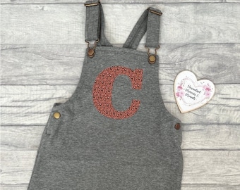 Personalised Initial Dungaree Dress | Birthday Name Initial Dress | Personalised Gift | Girls Summer Winter Dress | Pink Leopard Print Dress