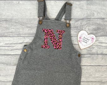 Personalised Initial Dungaree Dress | Birthday Name Initial Dress | Personalised Gift | Girls Summer Winter Dress | Pink Leopard Print Dress