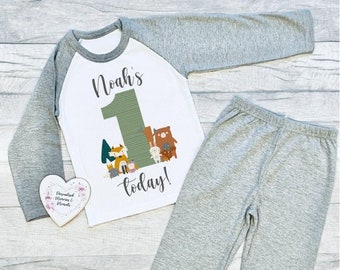 Personalised Woodland Themed Birthday Pyjamas | Birthday PJ's | 1st First Birthday PJ's | Boy Girl Birthday Pyjamas | Woods Birthday Pyjama