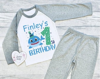 Personalised Baby Shark Themed Birthday Pyjamas | Birthday PJ's | 1st First Birthday PJ's | Boy Girl Birthday Pyjamas | Birthday Pyjamas