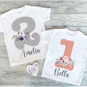 Camiseta de cumpleaños personalizada con número y flor brillante: atuendo de fiesta para el primer recuerdo, ropa personalizada, regalo infantil