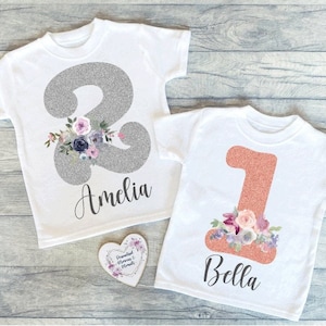 Personalised Glitter Effect Flower Birthday T-shirt | Custom Birthday Keepsake T-shirt | Personalized Birthday Gift | Customisable Shirt