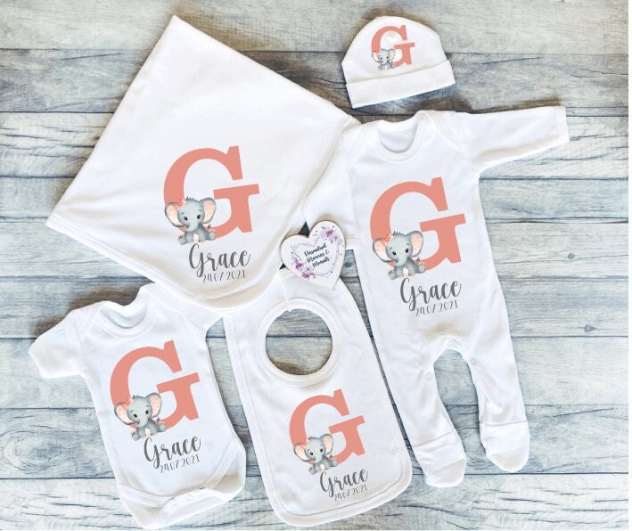 Personalised Baby Clothing Set: Orange Elephant Initial Baby Grow, Custom Newborn Gift Vest & Bib