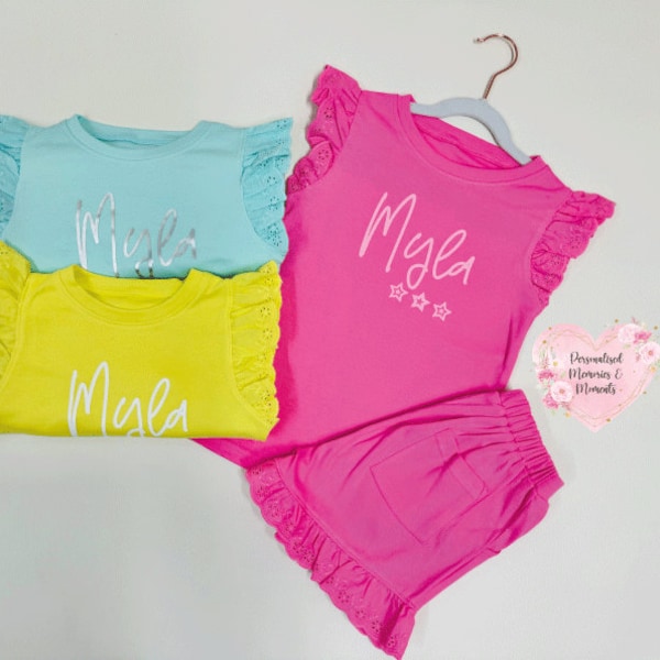 Personalised Colourful Lace Frill T-shirt and Shorts Set | Personalised Kids Clothes | Girl Summer Clothes | Name Initial Toddler Child Sets