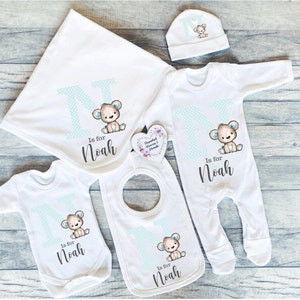 Personalised Baby Clothing Set: Blue Teddy Bear Baby Grow, Custom Newborn Gift Vest & Bib