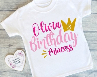Camisetas personalizadas de cumpleaños de princesa / Camiseta personalizada de recuerdo de cumpleaños / Regalo de cumpleaños personalizado / Camisa de cumpleaños de corona personalizable