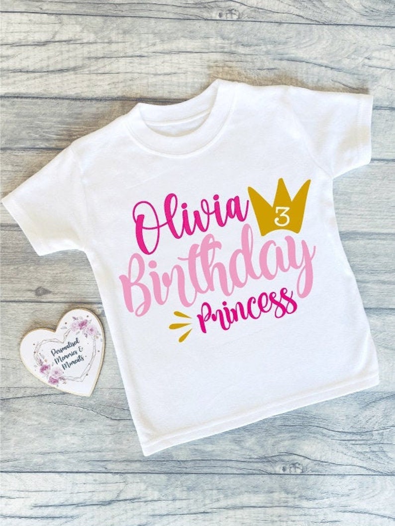 Personalised Princess Birthday T-shirts Custom Birthday Keepsake T-shirt Personalized Birthday Gift Customisable Crown Birthday Shirt image 1