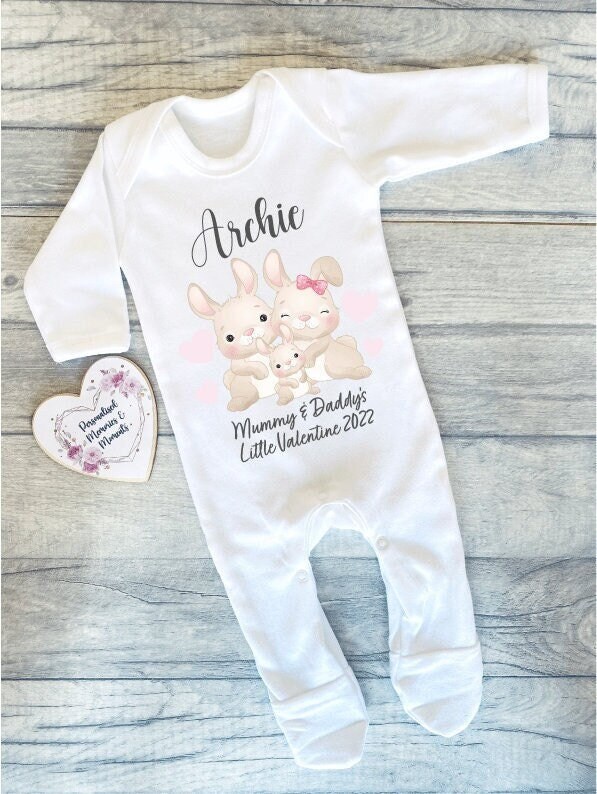 Personalised Baby's First Valentine's Day Outfit Rabbit Keepsake: Custom Baby Grow, Vest and Bib