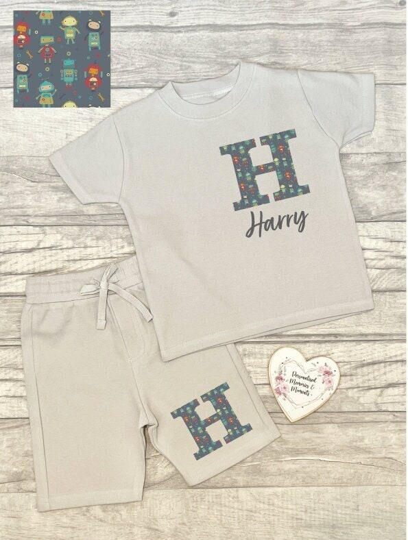 Personalised Kids T-shirt & Shorts Set: Initial Name Print Summer Clothes Outfit