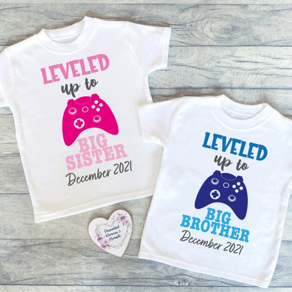 Leveled Up To Big Sister Brother T-Shirt | Schwangerschaft Reveal T-Shirt | Zukunft Geschwister | Bruder Schwester T-Shirt | Schwangerschaft Ankündigung Tee