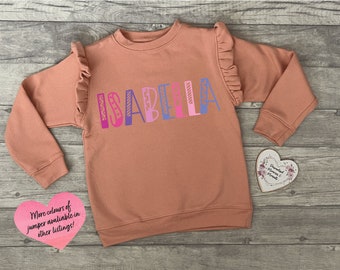 Personalised Name Frilly Cotton Jumper | Birthday Name Jumper | Personalised Gift | Girls Summer Winter Clothes | Colourful Cotton Jumper