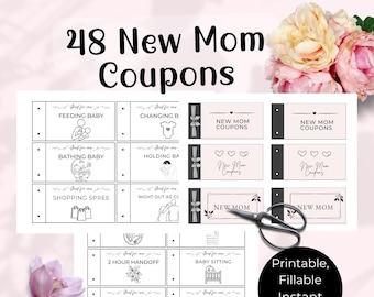May include: Printable set of 48 new mom coupons with illustrations. The coupons include tasks like feeding baby, changing baby, bathing baby, holding baby, shopping spree, night out as couple, 2 hour handoff, baby sitting, hour of walking, and exercise session.