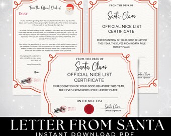 Könnte beinhalten: Eine Sammlung druckbarer Dokumente zum Thema Weihnachten. Die Designs umfassen einen Brief vom Weihnachtsmann und ein offizielles Zertifikat für die Liste der braven Kinder. Die Dokumente zeigen festliche rote und weiße Ränder und den Text "LETTER FROM SANTA INSTANT DOWNLOAD PDF".