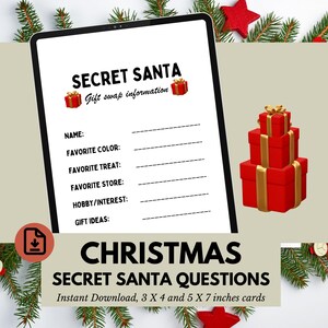 Afdrukbare Secret Santa-vragenlijst, cadeauruil-uitwisselingsenquête voor volwassenen, collega's en familie, kerstverlanglijst, cadeau geheime kerstman
