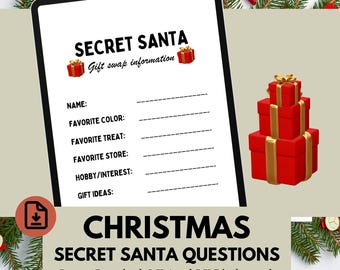 May include: Printable Christmas Secret Santa questions cards. The cards are white with black text and red gift box illustrations. The text includes "Secret Santa Gift Swap Information" and a list of questions to ask participants, such as "Name", "Favourite Colour", "Favourite Treat", "Favourite Store", "Hobby/Interest", and "Gift Ideas".