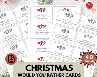 Może przedstawiać: Zestaw 40 kart świątecznych "Would You Rather". Każda karta zawiera pytanie z czerwonym znakiem zapytania. Karty są białe z czarnym tekstem. Tytuł "Christmas Would You Rather Cards" jest wyświetlany na dole.